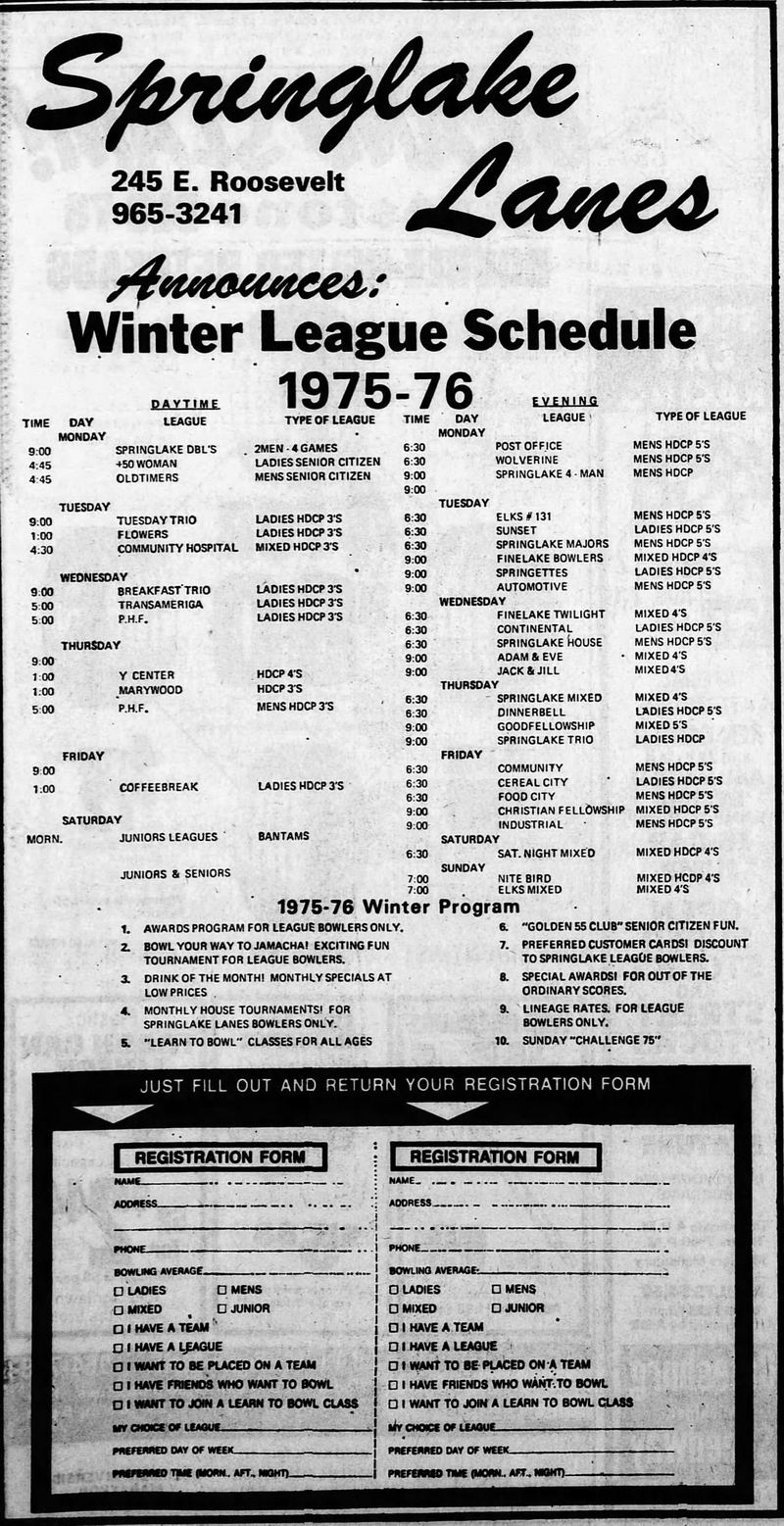 Springlake Lanes - Aug 1975 Ad (newer photo)